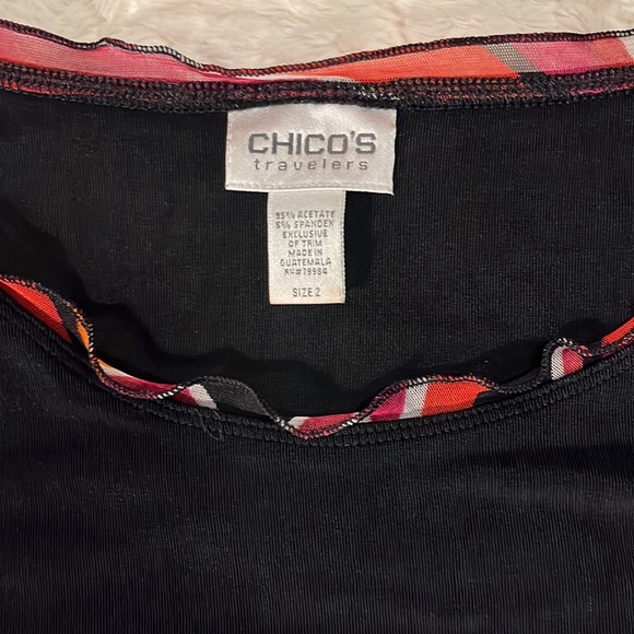 Chico’s Travelers black top. Red ruffle hem, neck line. Size 2. Slits in sleeve - Picture 2 of 7